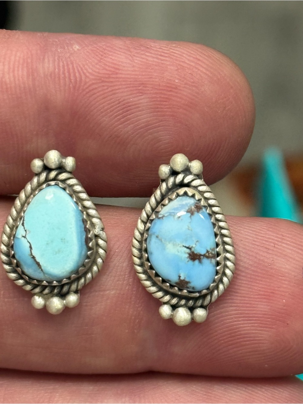 STERLING SILVER GOLDEN HILLS TURQUOISE TWIST BALL BEADED STUD EARRINGS .925 - Picture 9 of 13